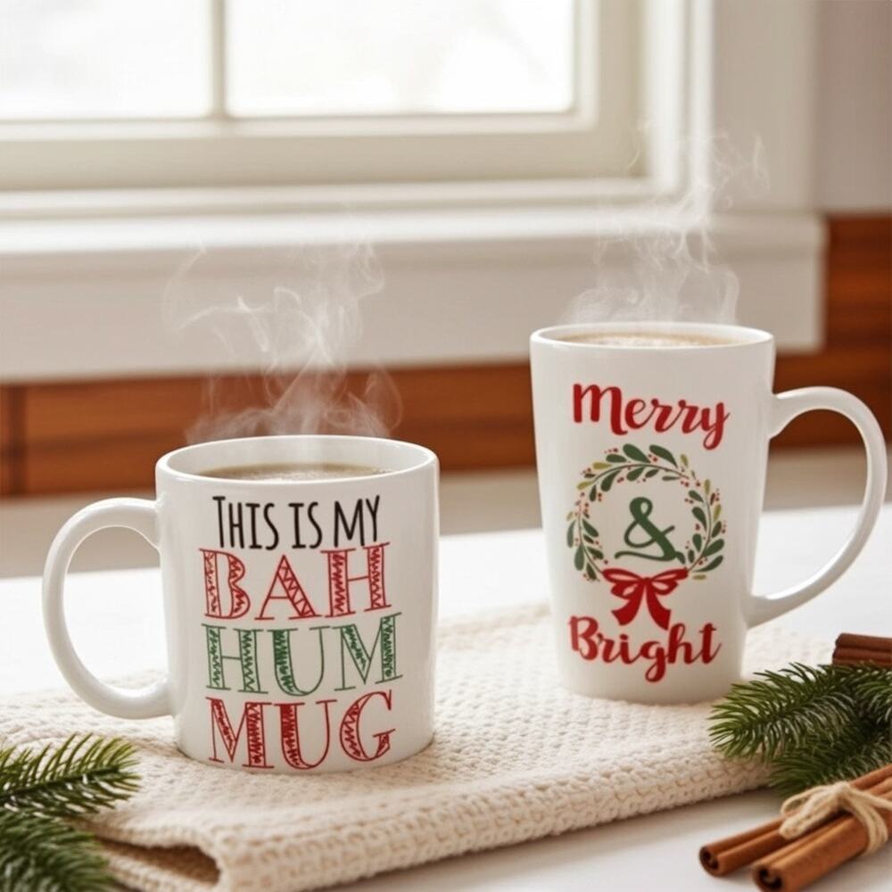 Caribou Coffee‎ Christmas Mug Set of 2  "Bah Hum Mug" & "Merry & Bright"